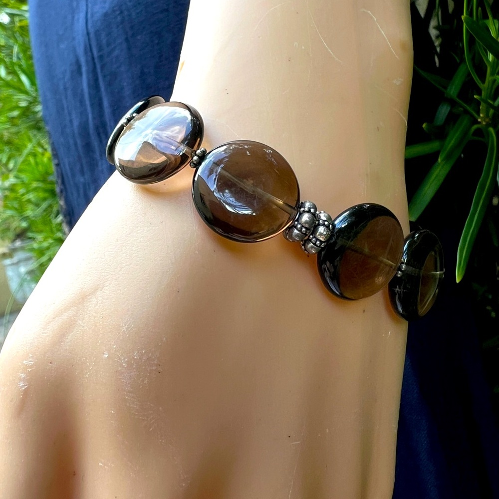 ROUND SMOKEY QUARTZ STERLING SILVER BRACELET